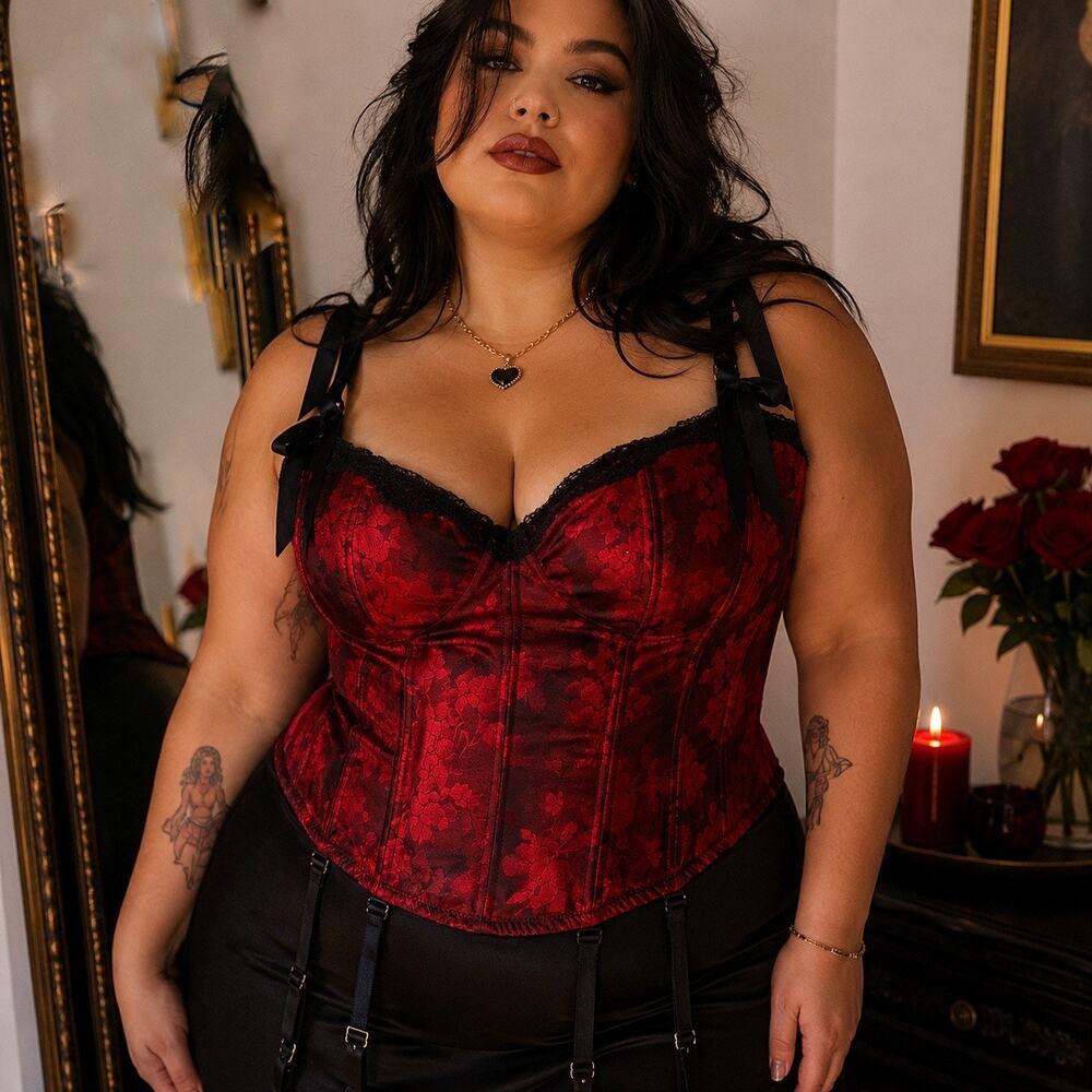 Cacique Red Floral Satin Corset Bustier Top With Garters Sz 26 NWT